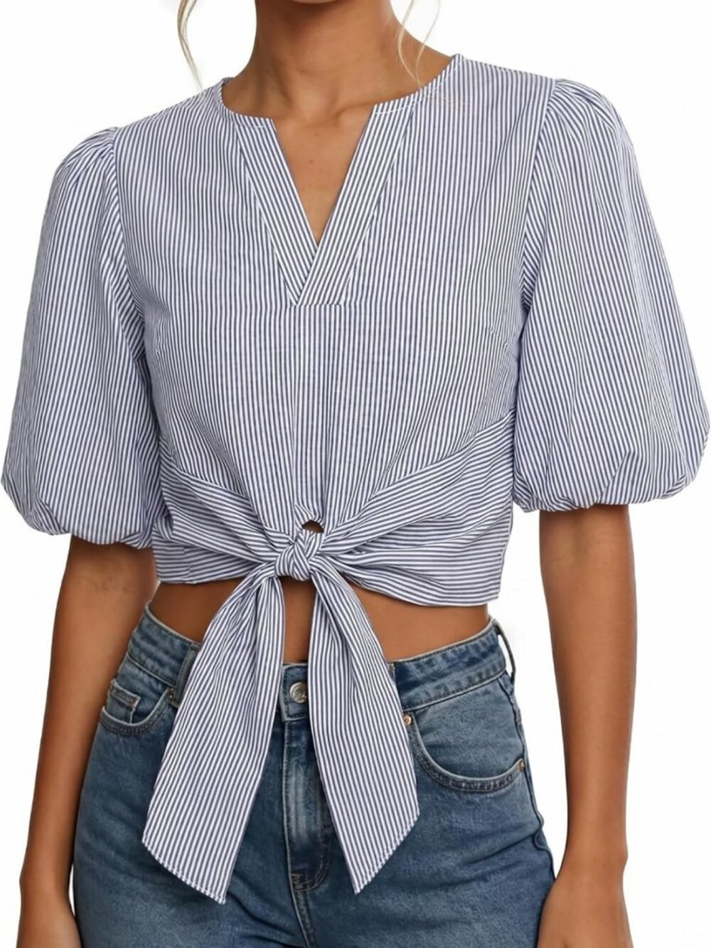 Puff Sleeve Tie Front Crop Top with Back Button - Trendy Women's Blouse